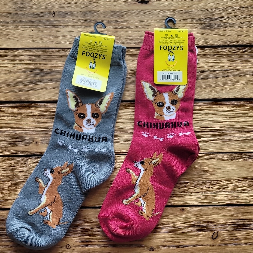 NWT Foozys Chihuahua Dog Socks - Gray and Magenta 2 Pair Set - Unisex - Picture 2 of 3